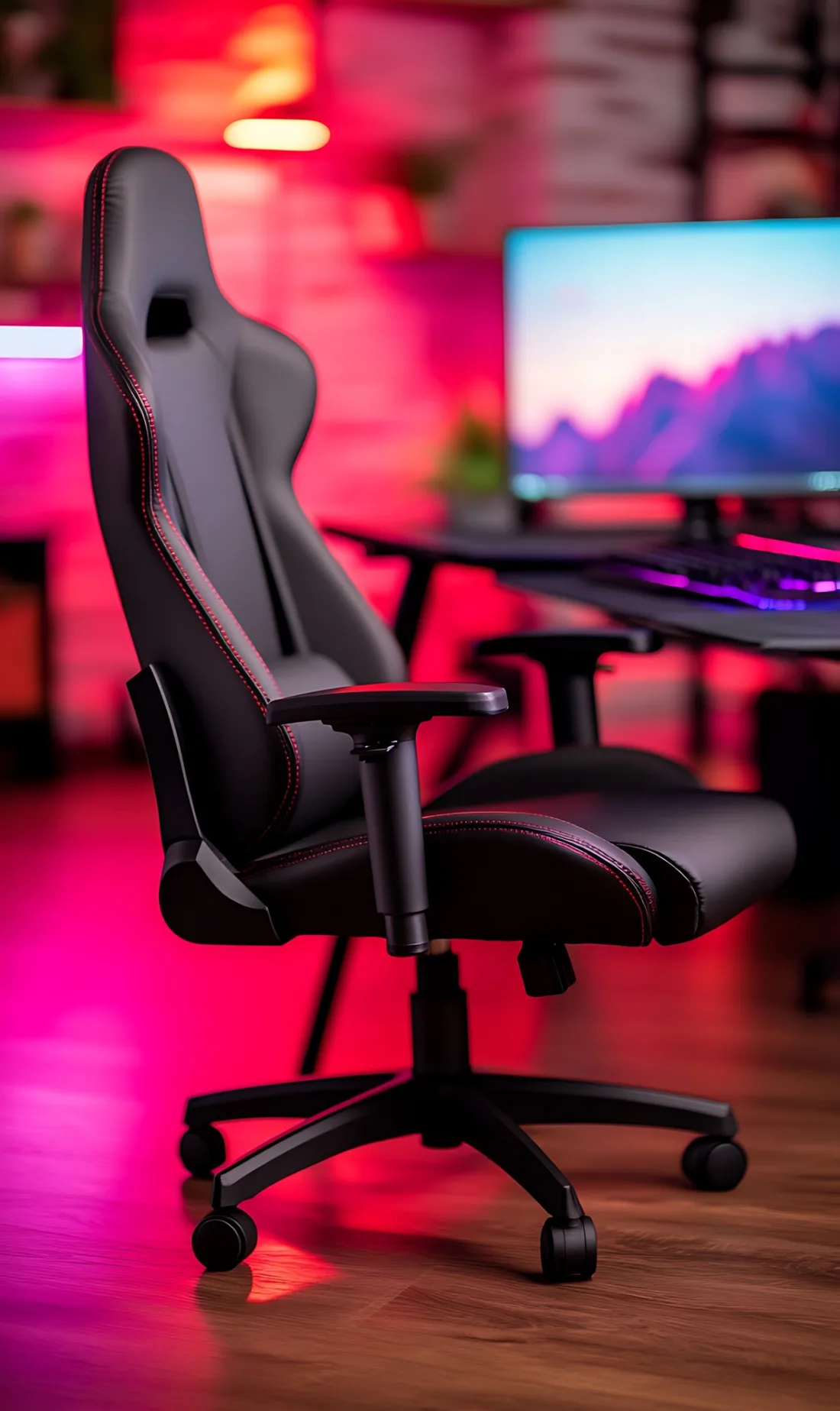 L'espace de travail de Revo Studio : fauteuil et écran sous une lumière rose et violette